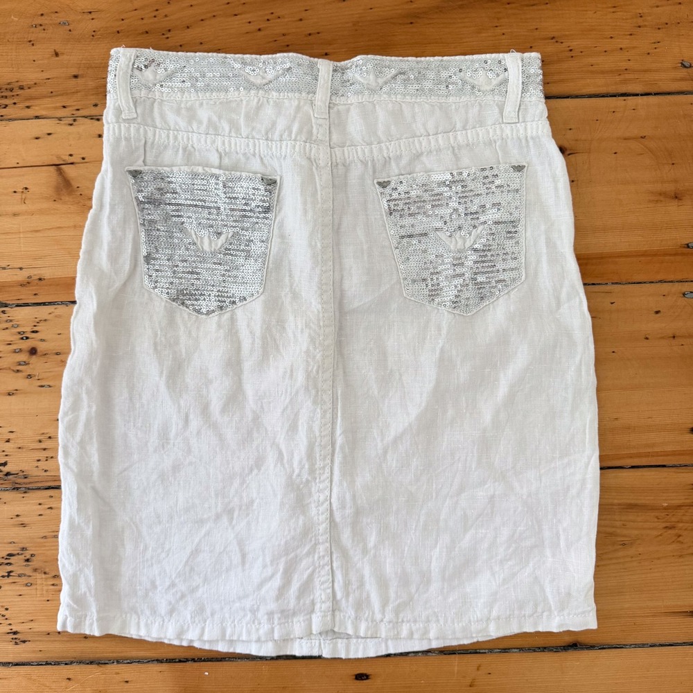 Y2K Armani Jeans White Linen Mini Skirt Womens 29 Sequin Summer Glam 2000s